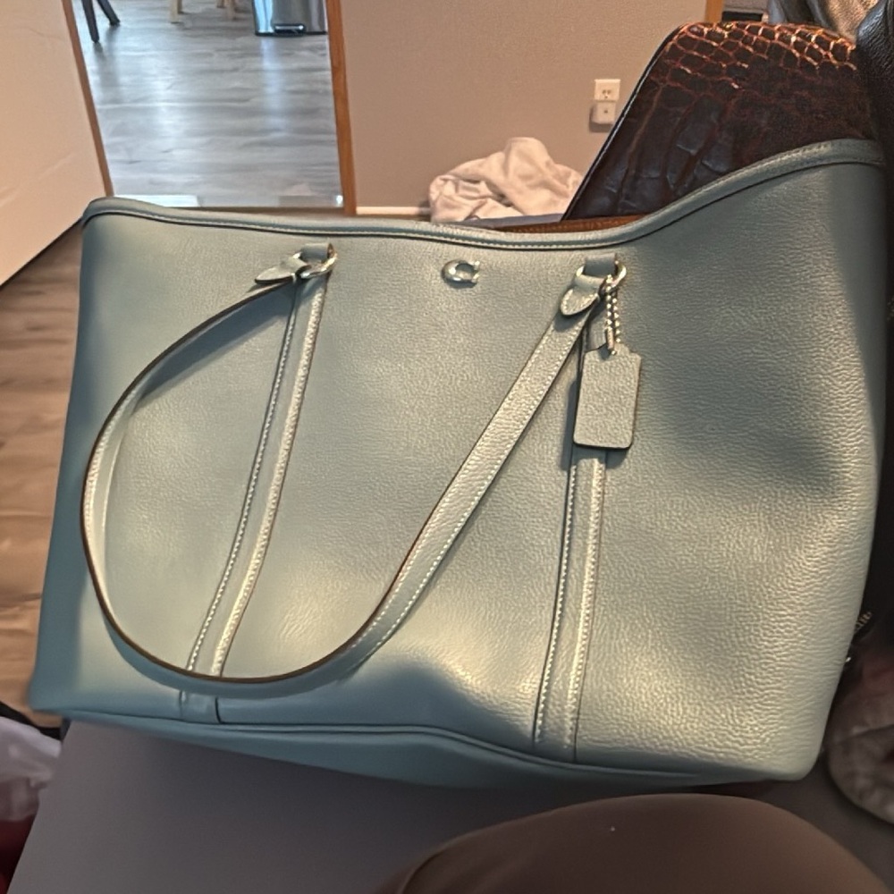 Coach Pebbled Leather Tote in Light Blue-Green